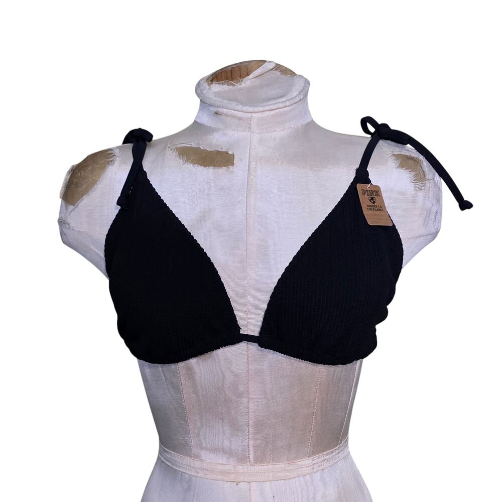 Victorias Secret PINK bikini Top Tie Shoulder String Black Triangle L DD NWT